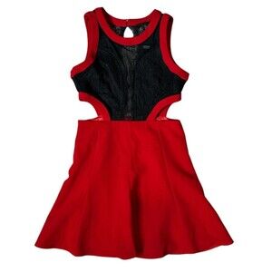 Signature 8 Dress‎ Knee Mini Side Cut Outs Red Black Lace Open Back LARGE NWT